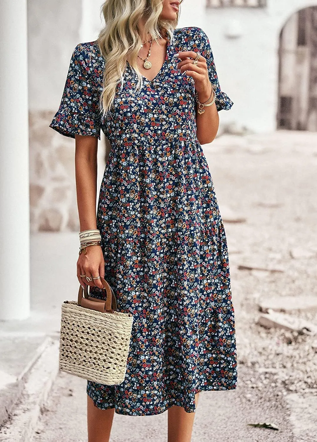 Women's Summer Casual Short Sleeved V-Neck Floral Print Jumpsuit, Mid Length Skirt