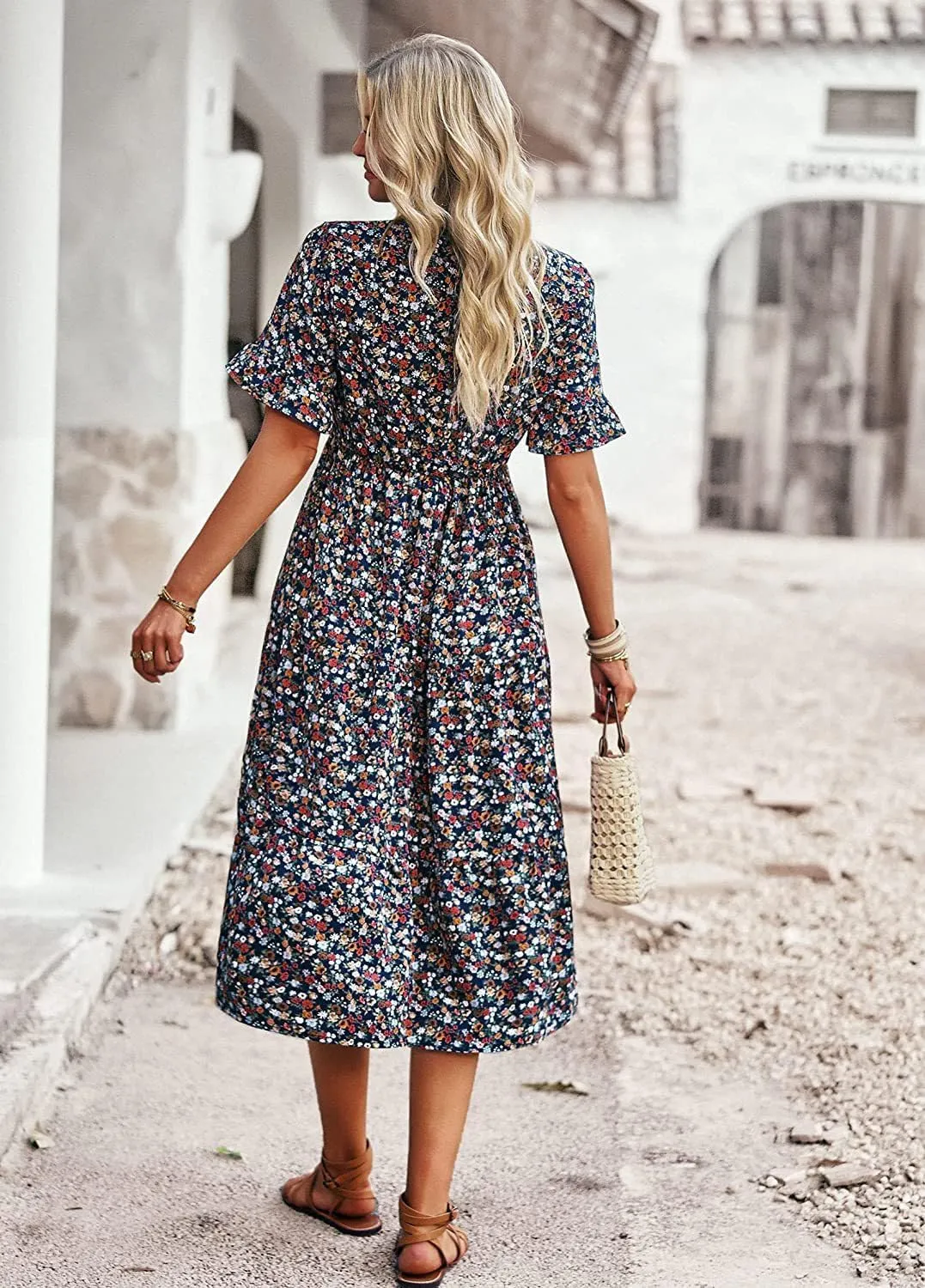 Women's Summer Casual Short Sleeved V-Neck Floral Print Jumpsuit, Mid Length Skirt