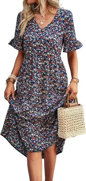 Women's Summer Casual Short Sleeved V-Neck Floral Print Jumpsuit, Mid Length Skirt