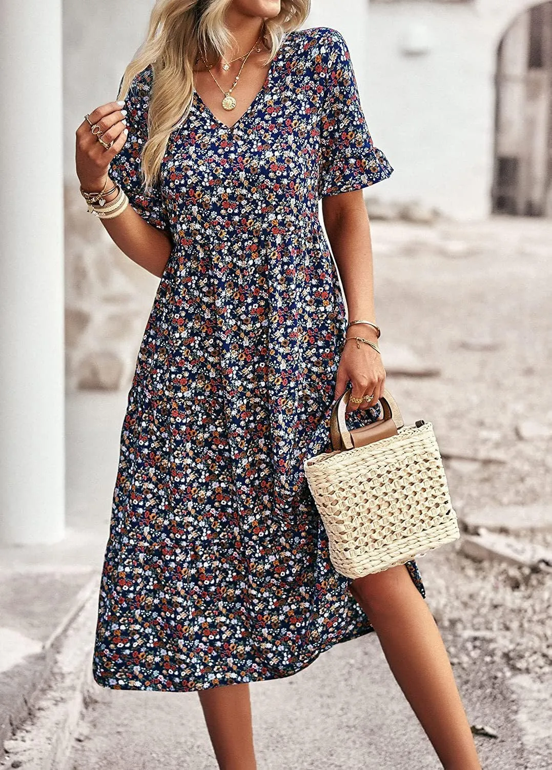 Women's Summer Casual Short Sleeved V-Neck Floral Print Jumpsuit, Mid Length Skirt