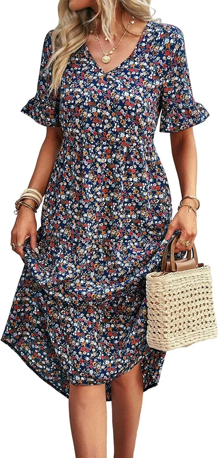 Women's Summer Casual Short Sleeved V-Neck Floral Print Jumpsuit, Mid Length Skirt