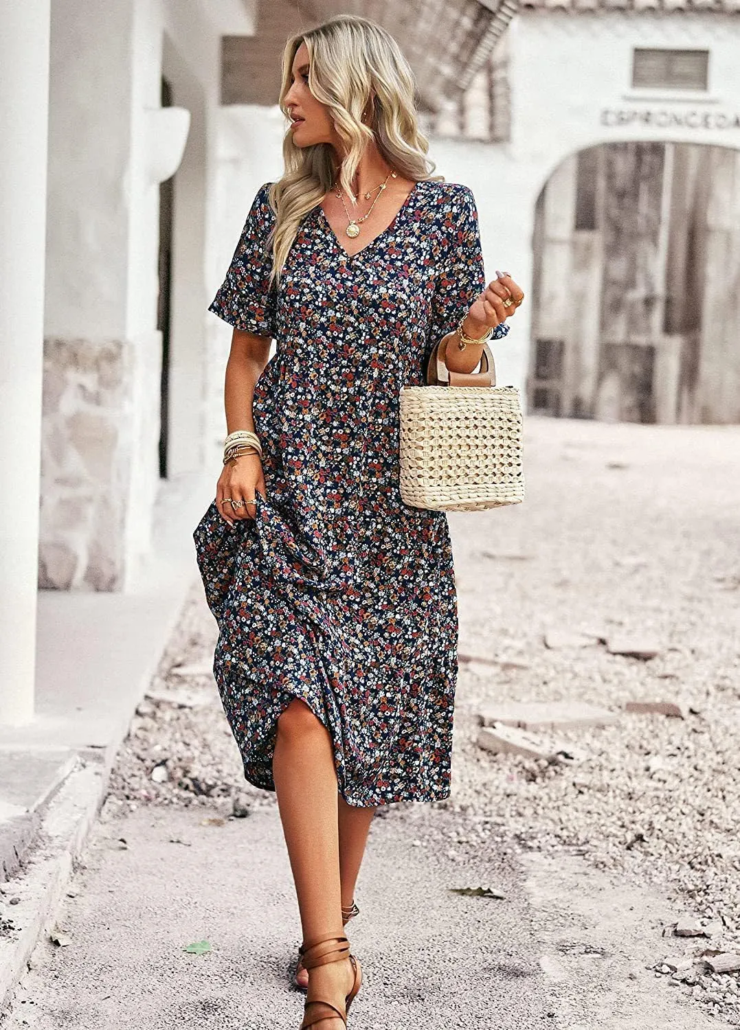 Women's Summer Casual Short Sleeved V-Neck Floral Print Jumpsuit, Mid Length Skirt