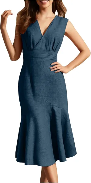 Womens Summer Dress Sleeveless V Neck Ruffle Hem Midi Dresses Casual Trendy Slim Waist Flowy Beach Vacation Sundress