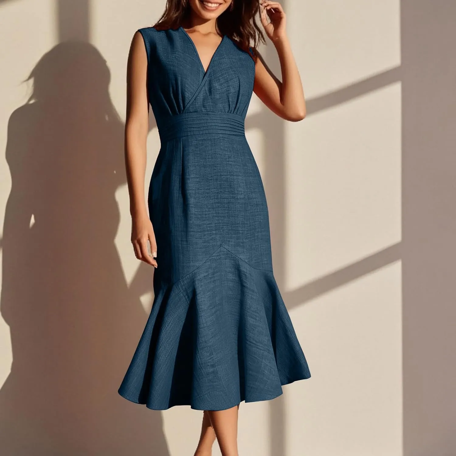 Womens Summer Dress Sleeveless V Neck Ruffle Hem Midi Dresses Casual Trendy Slim Waist Flowy Beach Vacation Sundress