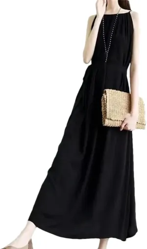 Women's Summer Fashion O-Neck Folds Dress Loose Solid Color Office Lady Slip Dress