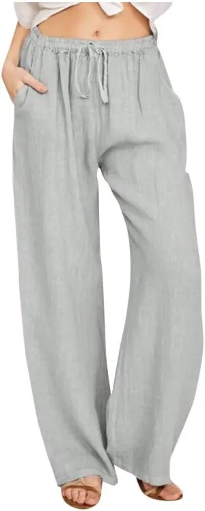 Women's Summer Long Pants Drawstring Elastic Waist Wide Leg Linen Palazzo Pants Loose Casual Beach Pants with Pockets