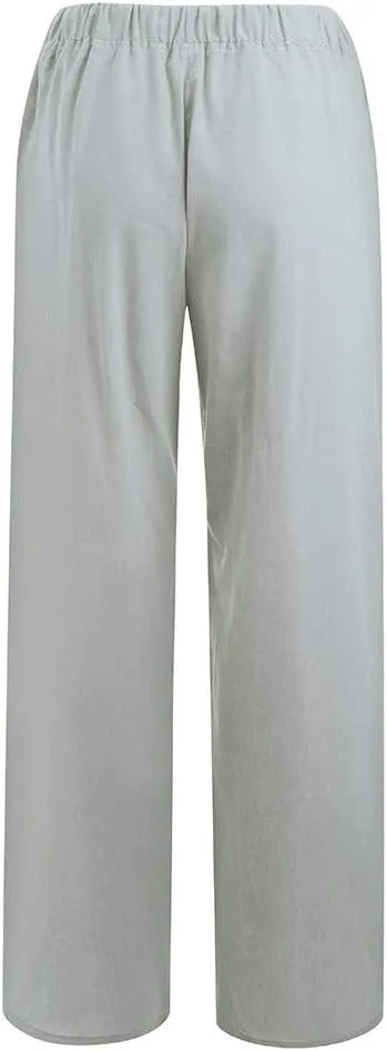 Women's Summer Long Pants Drawstring Elastic Waist Wide Leg Linen Palazzo Pants Loose Casual Beach Pants with Pockets