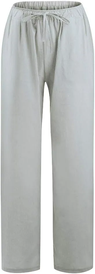 Women's Summer Long Pants Drawstring Elastic Waist Wide Leg Linen Palazzo Pants Loose Casual Beach Pants with Pockets