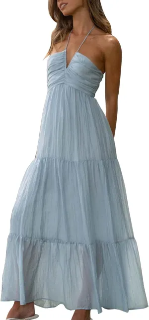 Women's Summer Sleeveless Halter Neck Boho Long Dress Backless Ruffle Hem Tiered Flowy Maxi Sundress Beach Vacation