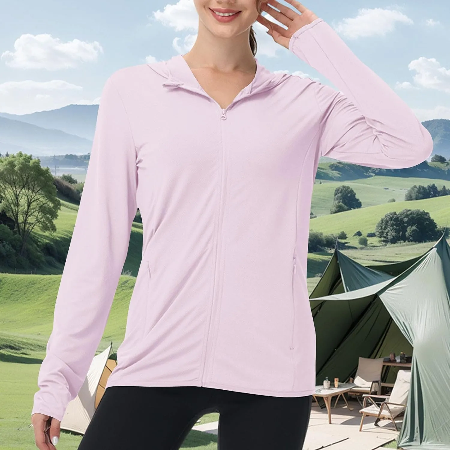 Womens Sunscreen Jacket Hoodies Sweater Long Sleeve Pockets Outdoor Lattice Splicing Pullover Sweatshirts Coats