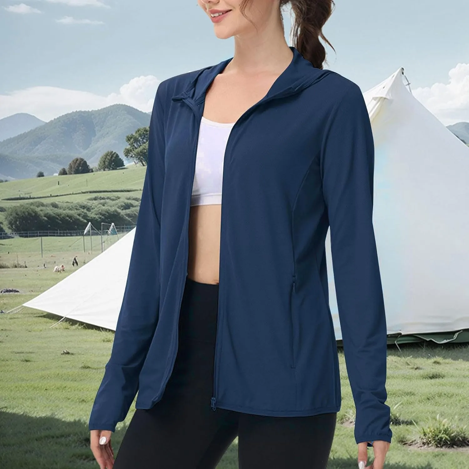 Womens Sunscreen Jacket Hoodies Sweater Long Sleeve Pockets Outdoor Lattice Splicing Pullover Sweatshirts Coats