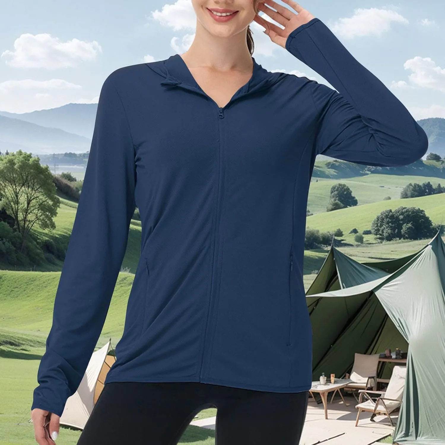 Womens Sunscreen Jacket Hoodies Sweater Long Sleeve Pockets Outdoor Lattice Splicing Pullover Sweatshirts Coats