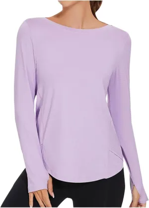 Women's UPF 50  Shirts Round Neck Smooth Long Sleeve T-Shirt Fashion Gym Yoga Tees Sun Protection Hiking Blouse