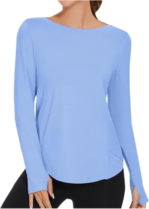 Women's UPF 50  Shirts Round Neck Smooth Long Sleeve T-Shirt Fashion Gym Yoga Tees Sun Protection Hiking Blouse