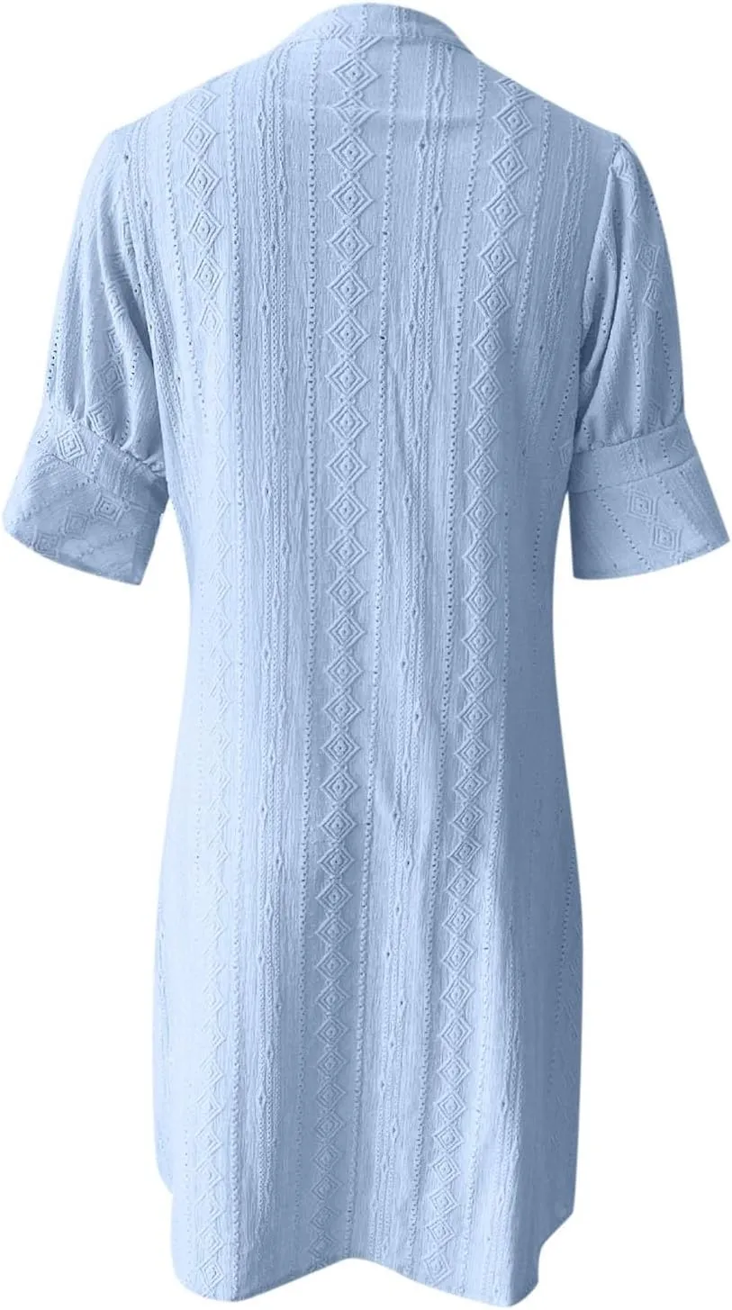 Women's V Neck Half Sleeve Solid Color Pleated Dress Shirt Dress A Line
