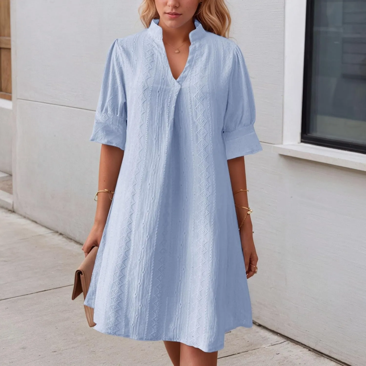 Women's V Neck Half Sleeve Solid Color Pleated Dress Shirt Dress A Line