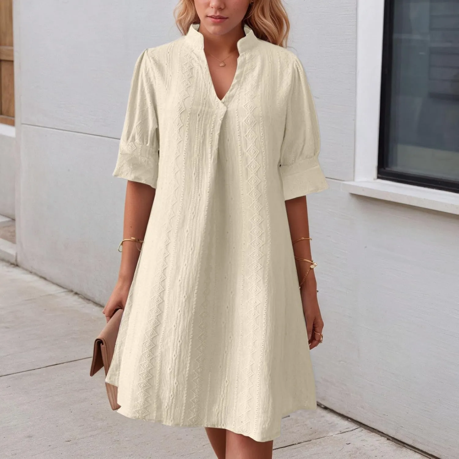 Women's V Neck Half Sleeve Solid Color Pleated Dress Shirt Dress A Line
