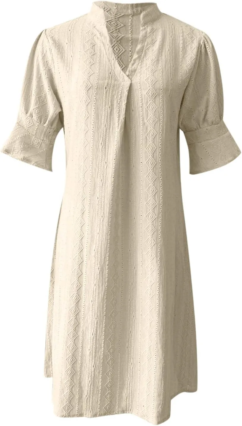 Women's V Neck Half Sleeve Solid Color Pleated Dress Shirt Dress A Line