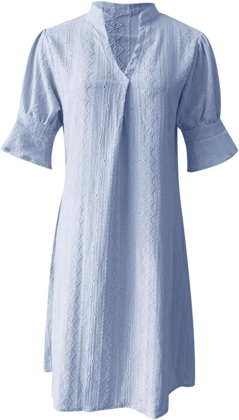 Women's V Neck Half Sleeve Solid Color Pleated Dress Shirt Dress A Line