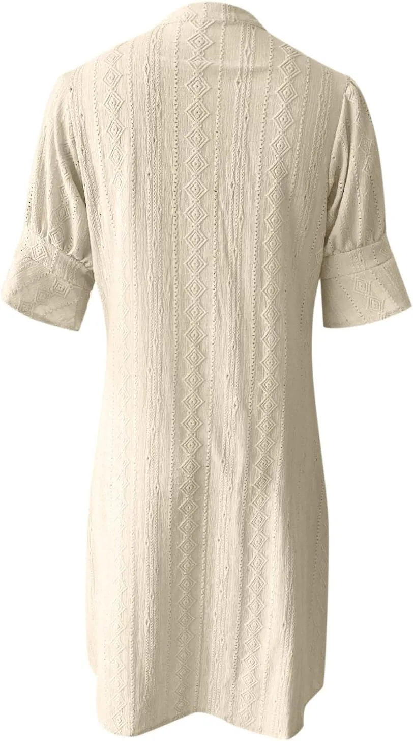 Women's V Neck Half Sleeve Solid Color Pleated Dress Shirt Dress A Line