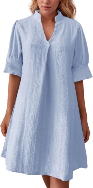 Women's V Neck Half Sleeve Solid Color Pleated Dress Shirt Dress A Line
