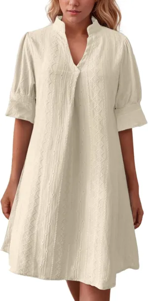 Women's V Neck Half Sleeve Solid Color Pleated Dress Shirt Dress A Line