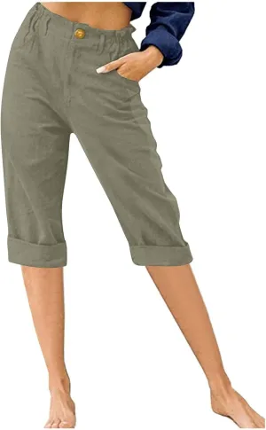 Womens Wide Leg Capri Pants Solid Color Straight Leg Lounge Trousers Botton Elastic Loose Pants Pockets Slim Fit Pants