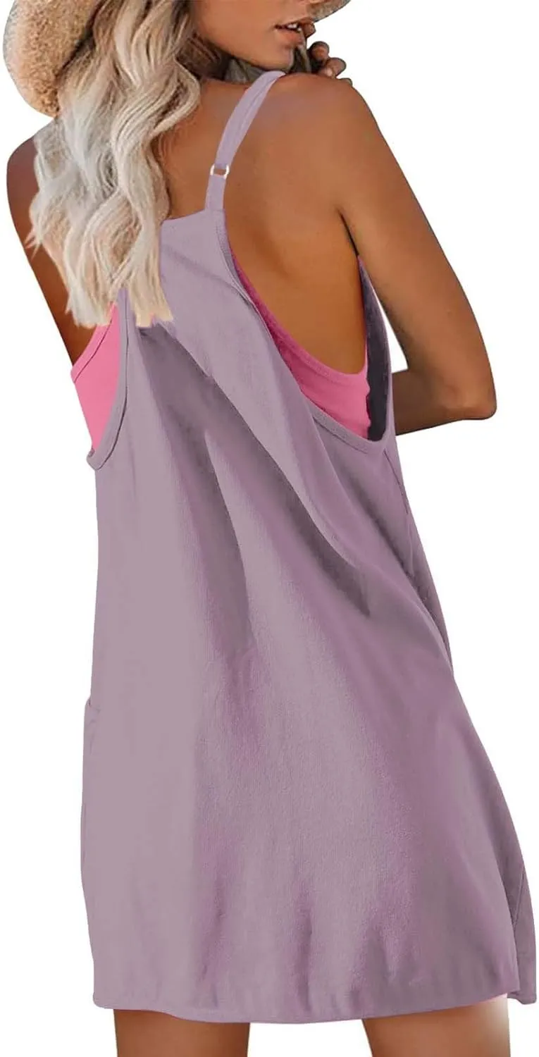Womens Workout Romper Dress with Shorts Underneath Sleeveless Adjustable Spaghetti Straps Sports Mini Romper Dress