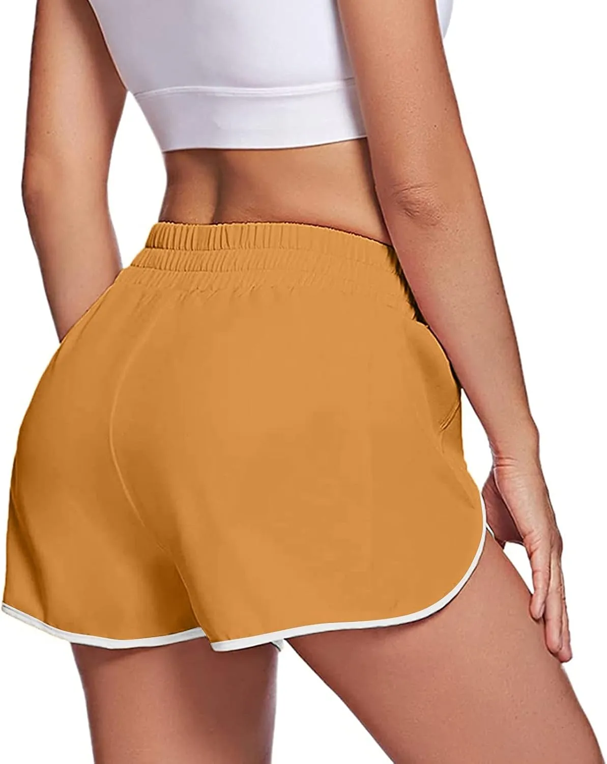 Womens Workout Running Shorts Solid Quick Dry Zipper Pocket Elastic Waisted V Leg Athletic Short Pants with Liner