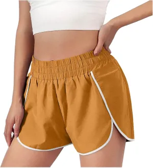 Womens Workout Running Shorts Solid Quick Dry Zipper Pocket Elastic Waisted V Leg Athletic Short Pants with Liner