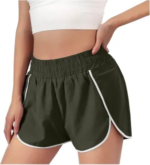 Womens Workout Running Shorts Solid Quick Dry Zipper Pocket Elastic Waisted V Leg Athletic Short Pants with Liner