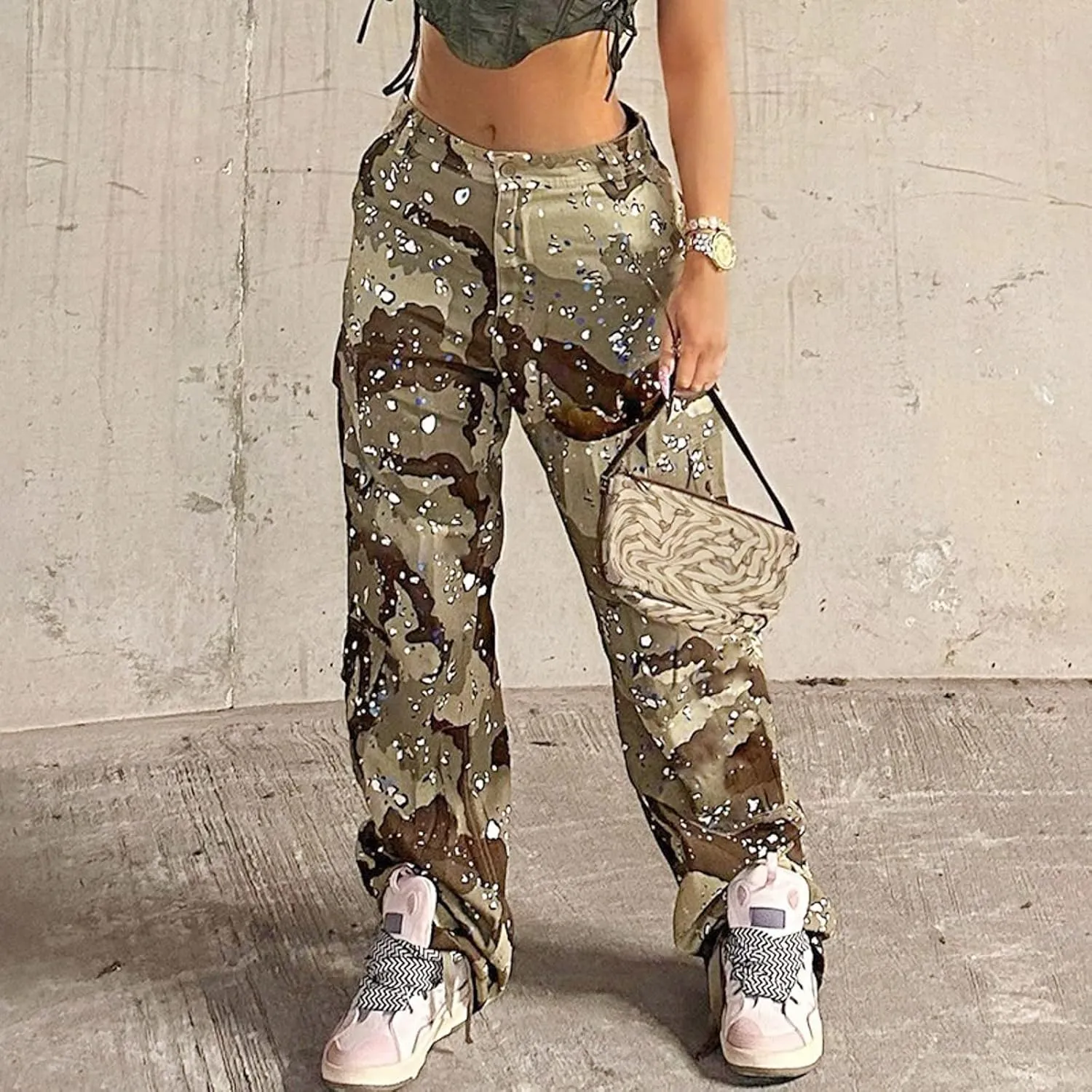 Women's Y2K Camouflage Splash Printed Cargo Pants Multi Pockets Baggy High Waist Straight Wide Leg Trousers Streetwear