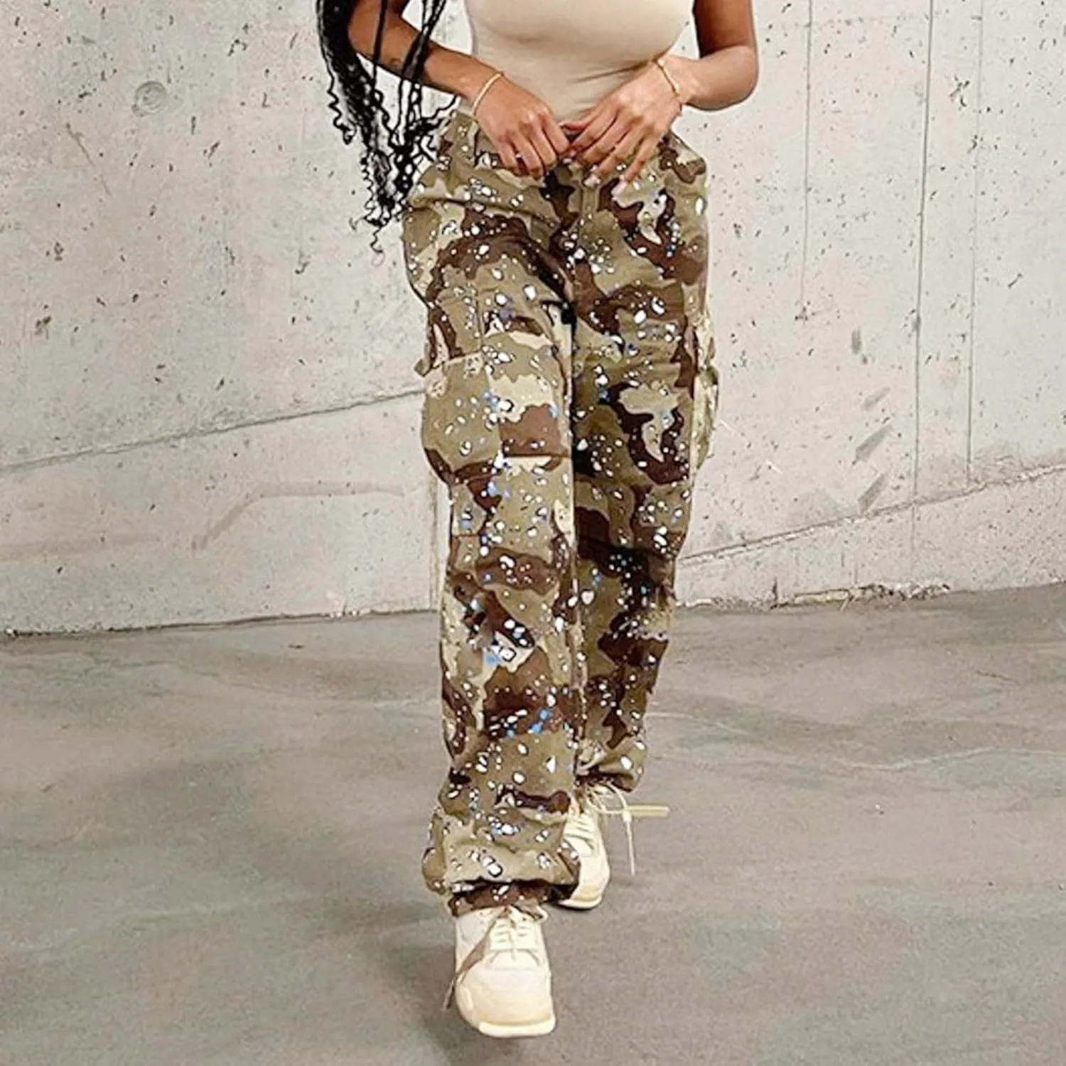 Women's Y2K Camouflage Splash Printed Cargo Pants Multi Pockets Baggy High Waist Straight Wide Leg Trousers Streetwear