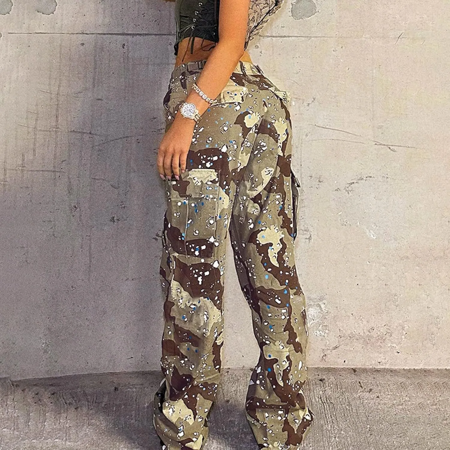 Women's Y2K Camouflage Splash Printed Cargo Pants Multi Pockets Baggy High Waist Straight Wide Leg Trousers Streetwear