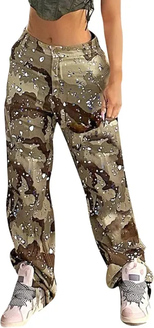 Women's Y2K Camouflage Splash Printed Cargo Pants Multi Pockets Baggy High Waist Straight Wide Leg Trousers Streetwear