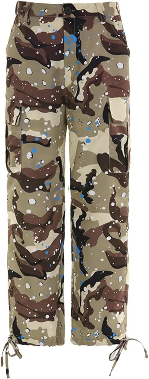 Women's Y2K Camouflage Splash Printed Cargo Pants Multi Pockets Baggy High Waist Straight Wide Leg Trousers Streetwear
