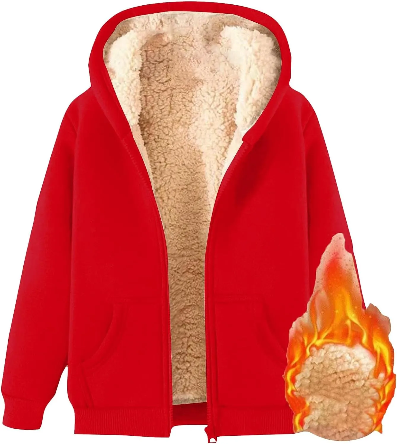 Womens Zip Up Hoodies Sherpa Lined Fleece Thermal Jacket Full Zip Winter Warm Casual Thick Coats Pockets