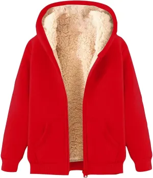Womens Zip Up Hoodies Sherpa Lined Fleece Thermal Jacket Full Zip Winter Warm Casual Thick Coats Pockets