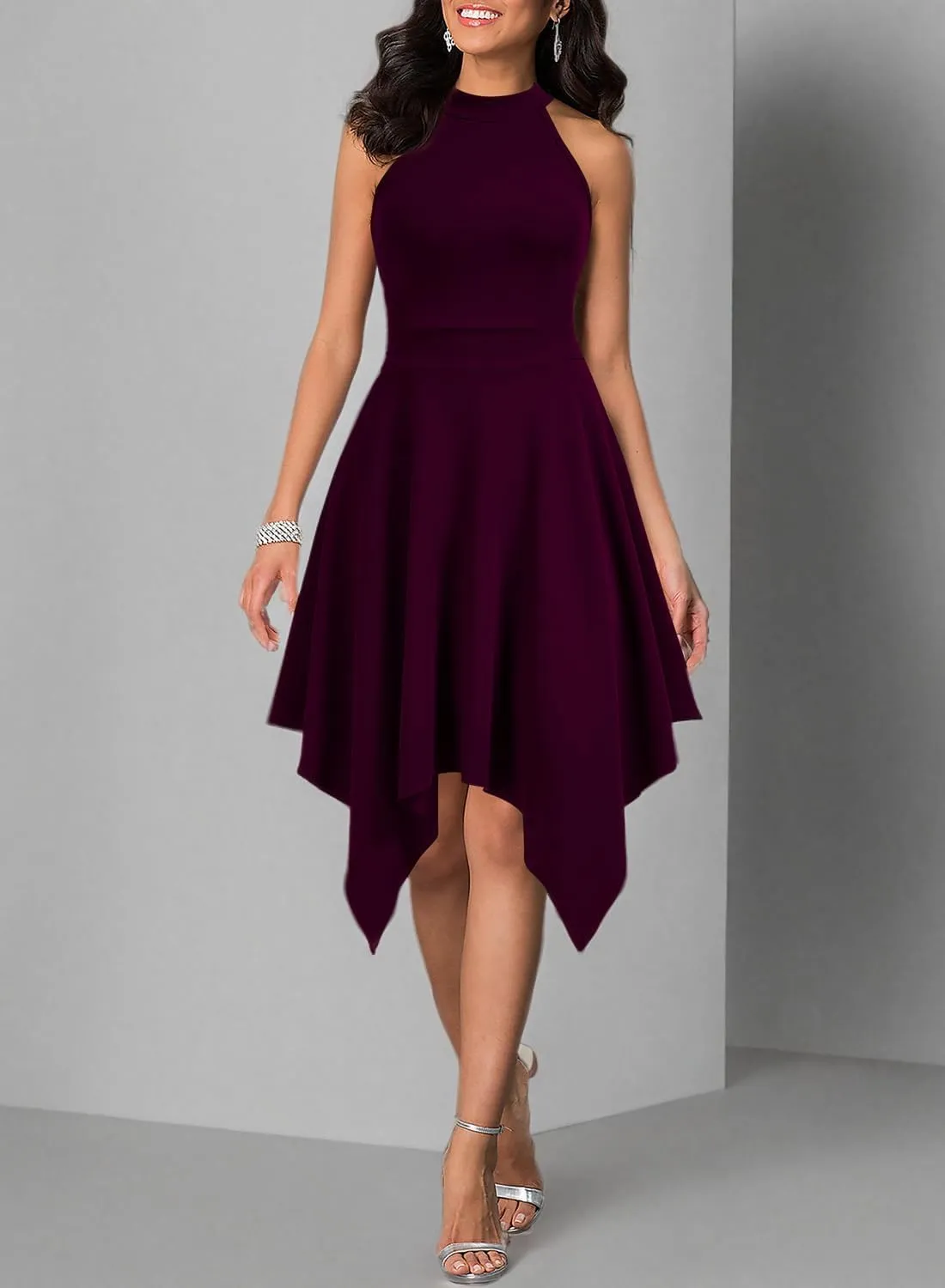 WOOSEA Women's Sleeveless Halter Neck Formal Dress Hem Asymmetrical A Line Party Cocktail Dress
