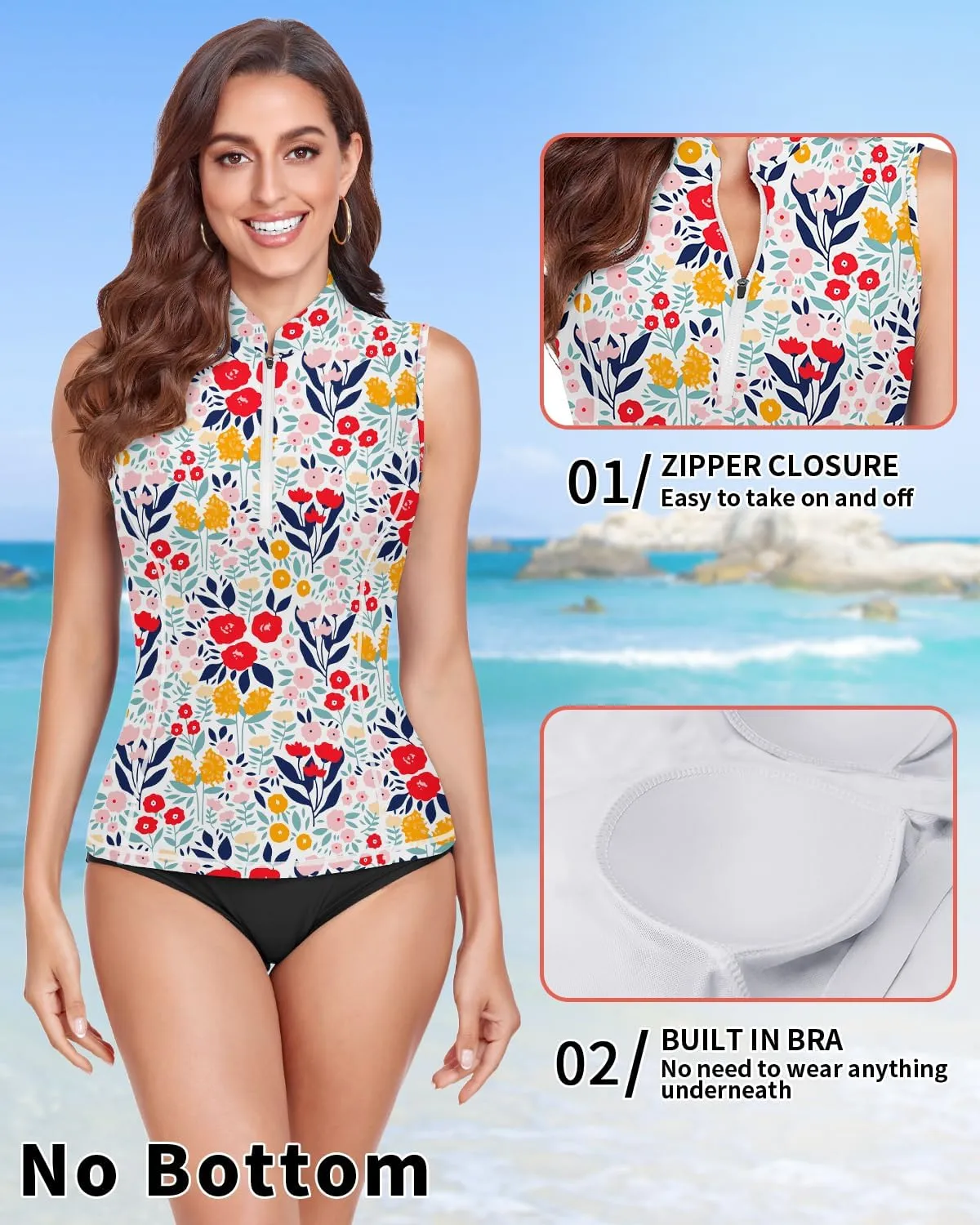WOWENY Women Rash Guard Sleeveless Swim Shirts UPF 50 Sun Protection Swimsuit Tops Bathing Suit Top No Bottom