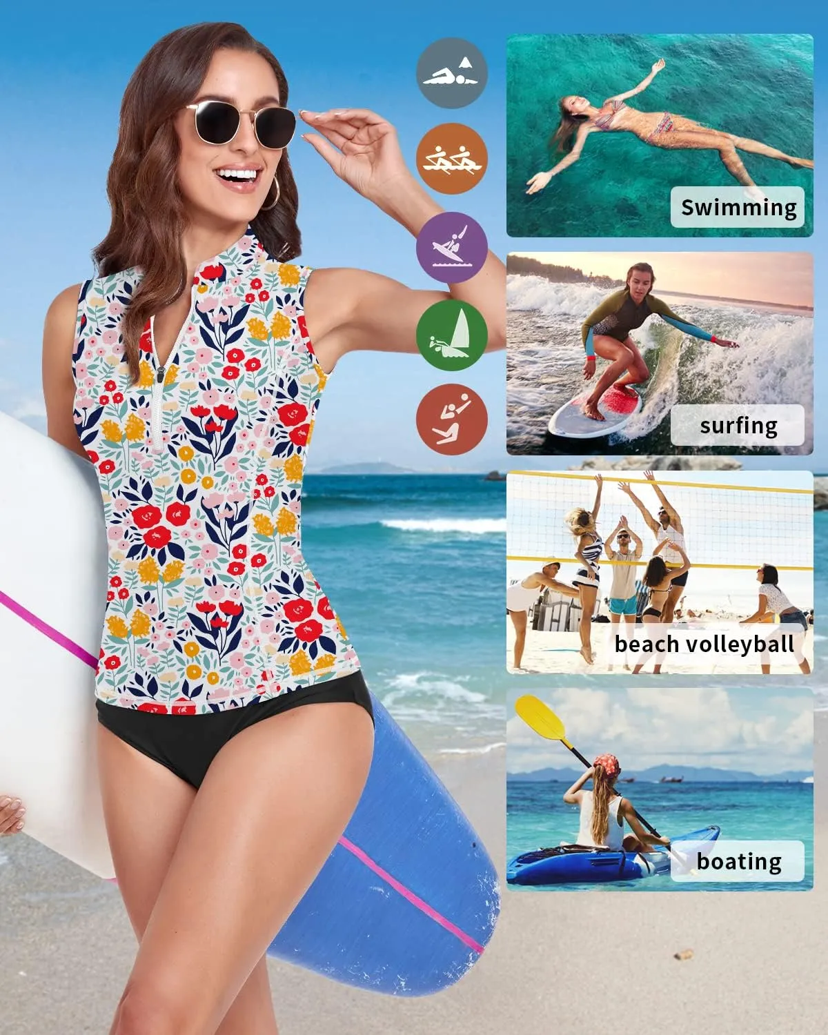 WOWENY Women Rash Guard Sleeveless Swim Shirts UPF 50 Sun Protection Swimsuit Tops Bathing Suit Top No Bottom