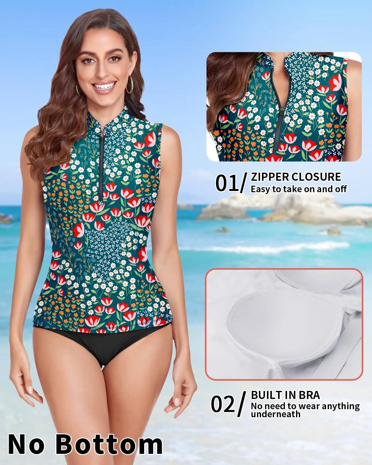 WOWENY Women Rash Guard Sleeveless Swim Shirts UPF 50 Sun Protection Swimsuit Tops Bathing Suit Top No Bottom