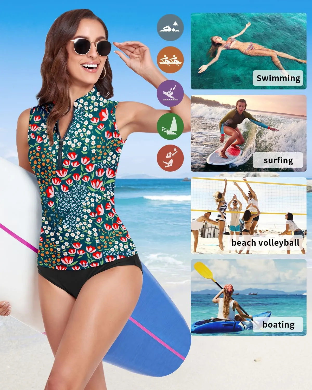 WOWENY Women Rash Guard Sleeveless Swim Shirts UPF 50 Sun Protection Swimsuit Tops Bathing Suit Top No Bottom