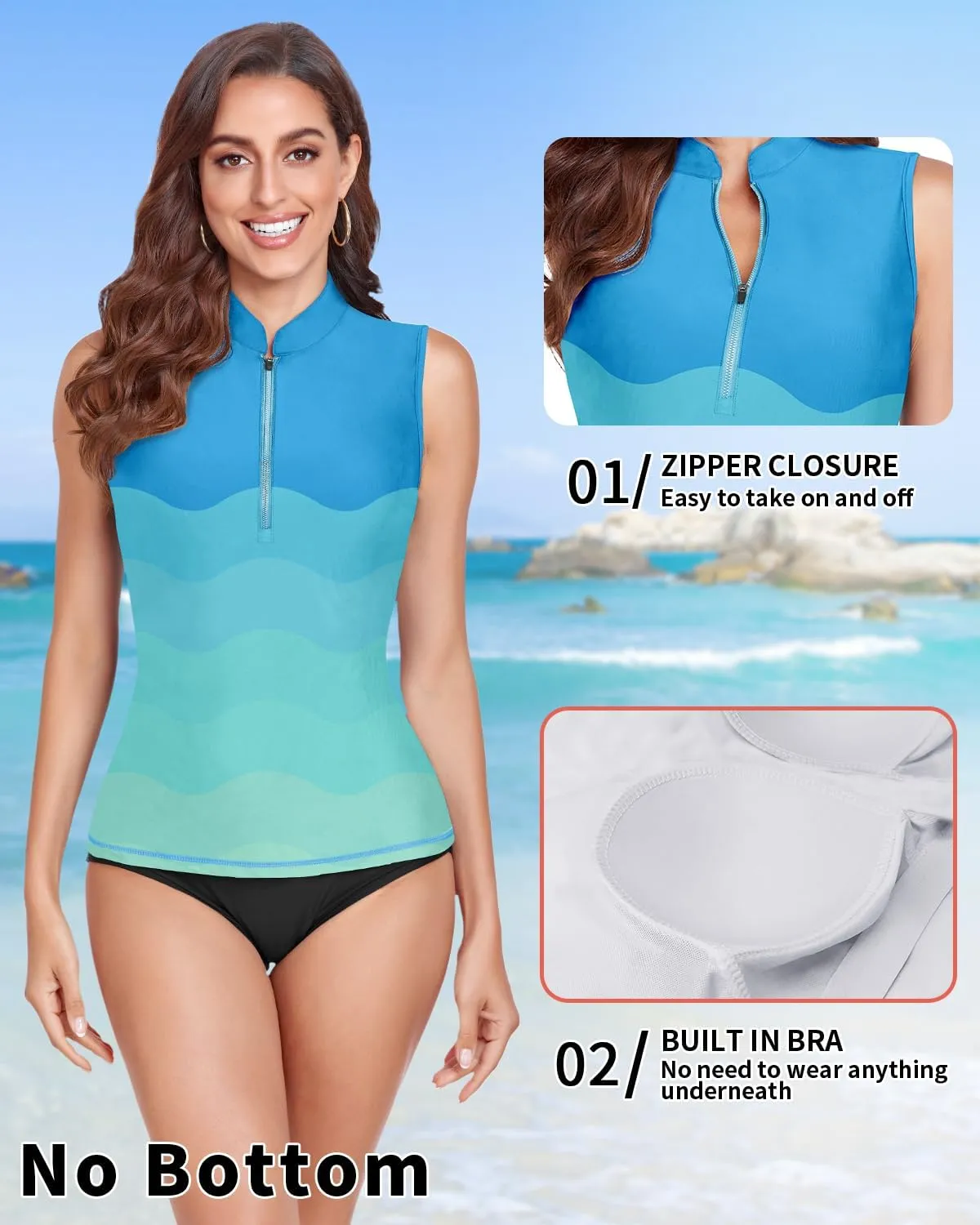 WOWENY Women Rash Guard Sleeveless Swim Shirts UPF 50 Sun Protection Swimsuit Tops Bathing Suit Top No Bottom