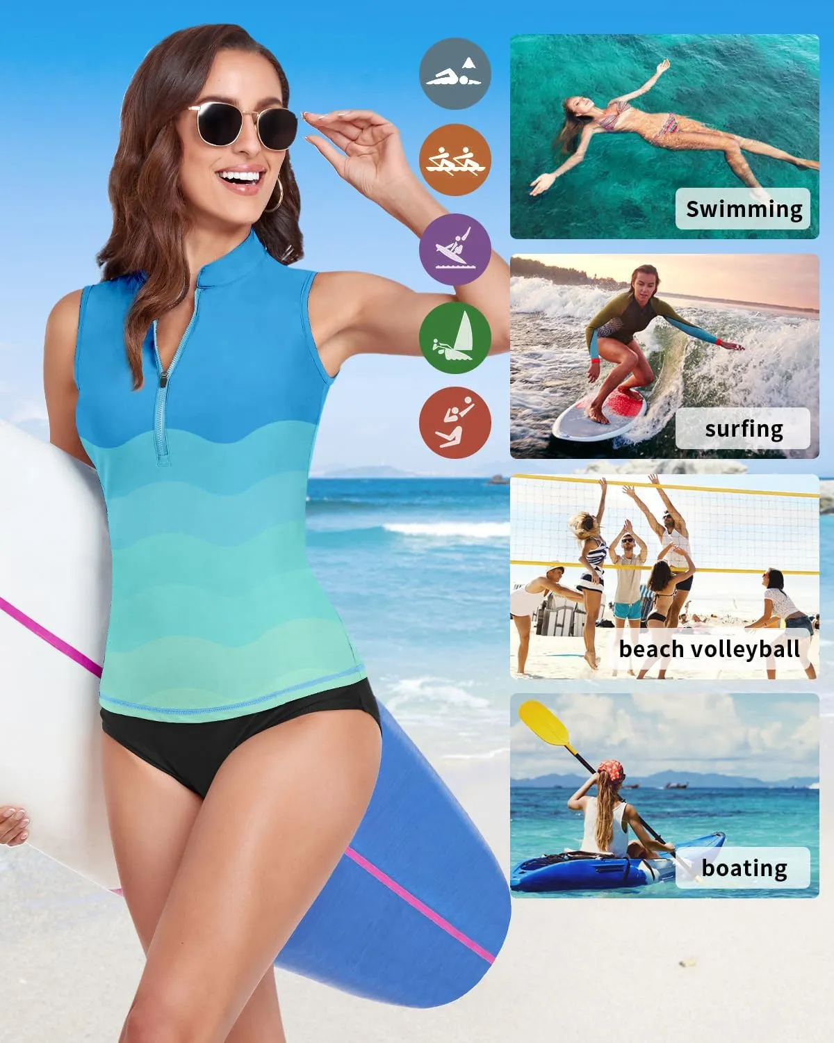 WOWENY Women Rash Guard Sleeveless Swim Shirts UPF 50 Sun Protection Swimsuit Tops Bathing Suit Top No Bottom