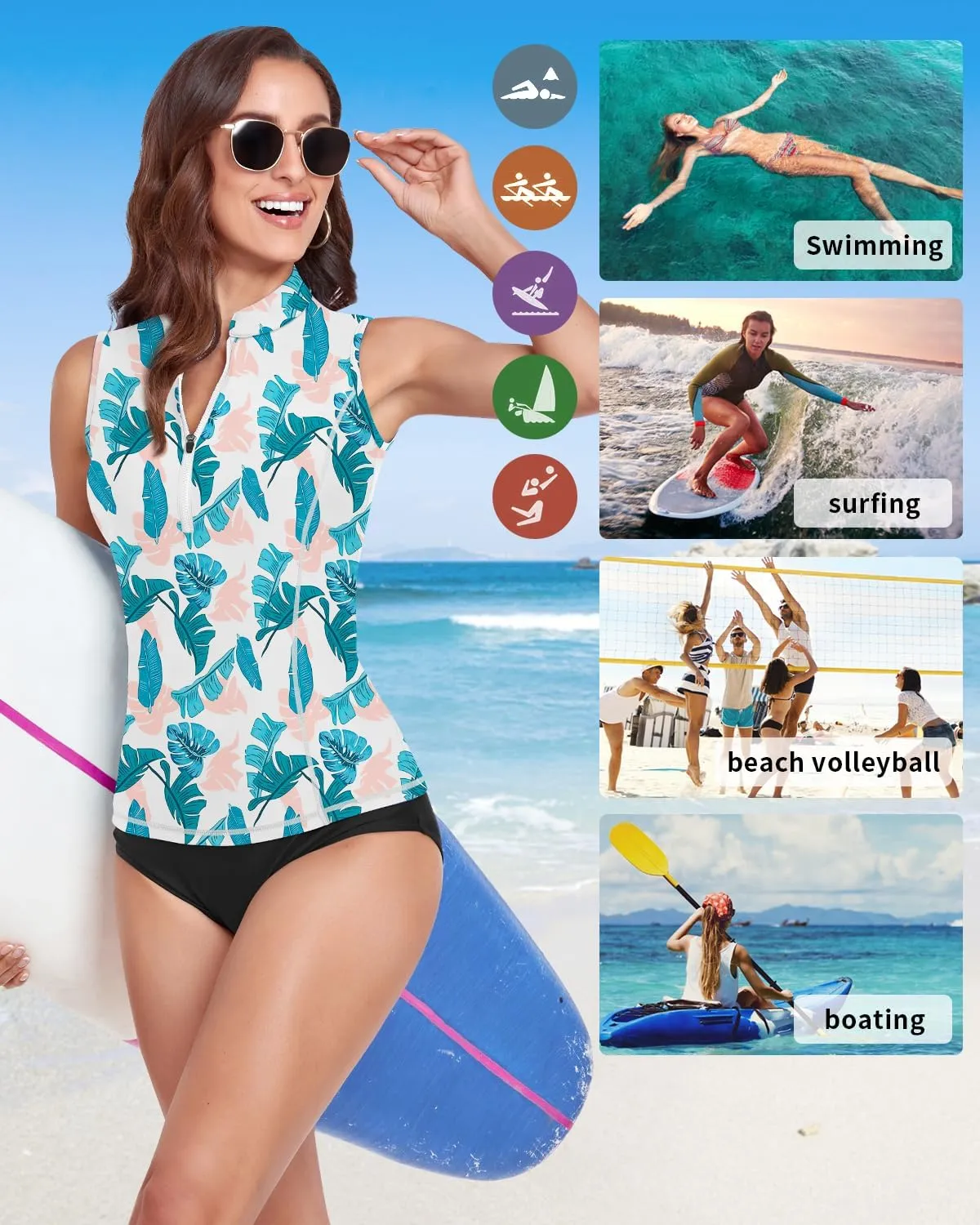 WOWENY Women Rash Guard Sleeveless Swim Shirts UPF 50 Sun Protection Swimsuit Tops Bathing Suit Top No Bottom
