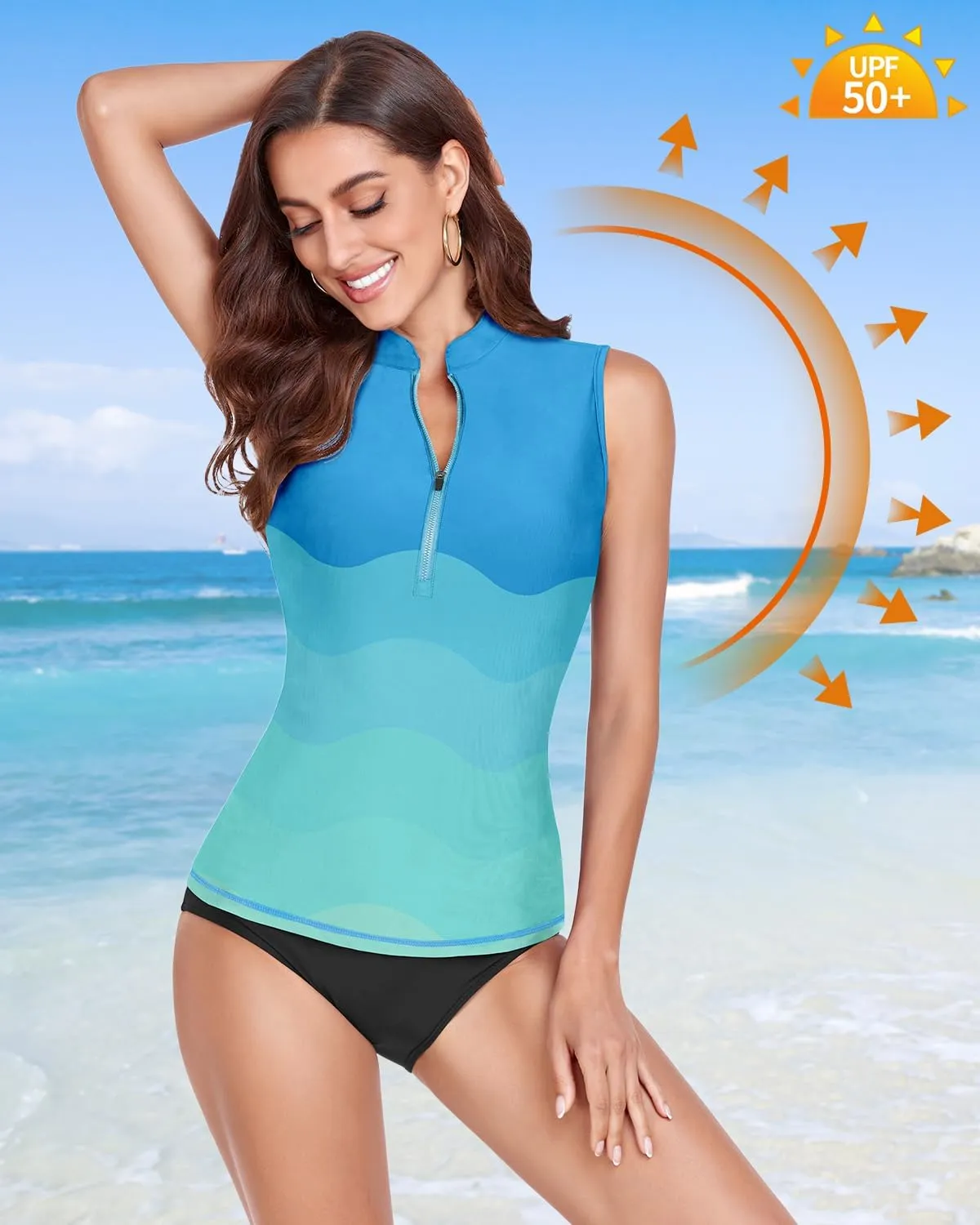 WOWENY Women Rash Guard Sleeveless Swim Shirts UPF 50 Sun Protection Swimsuit Tops Bathing Suit Top No Bottom
