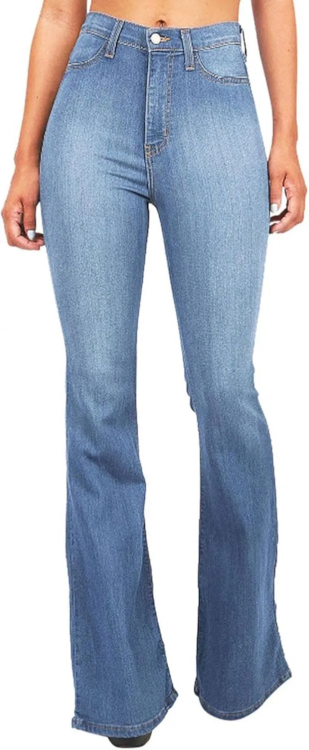 WUAI Oversizsed Bell Bottom Jeans for Women High Waisted Classic Boot Cut Wide Leg Destroyed Flare Denim Pants Plus Size