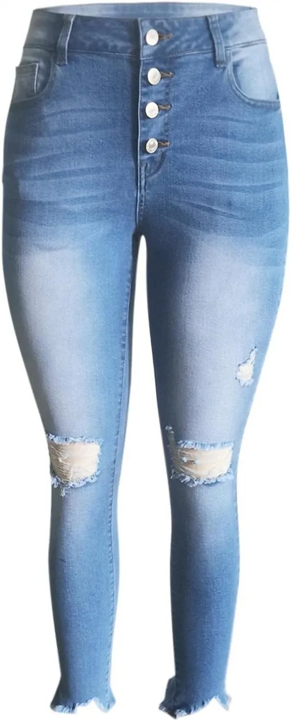 WUAI Women's High Waisted Butt Lift Stretch Ripped Skinny Jeans Classic Slim Fit Distressed Denim Pencil Pants