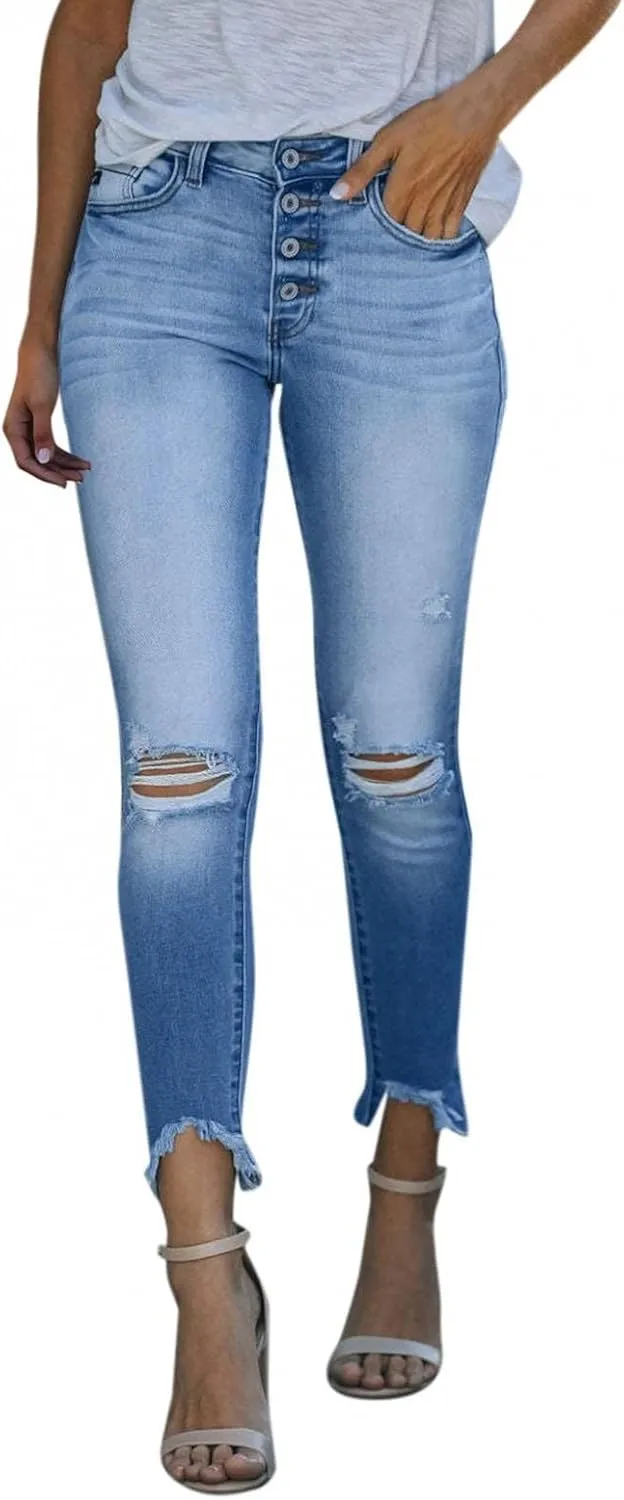 WUAI Women's High Waisted Butt Lift Stretch Ripped Skinny Jeans Classic Slim Fit Distressed Denim Pencil Pants